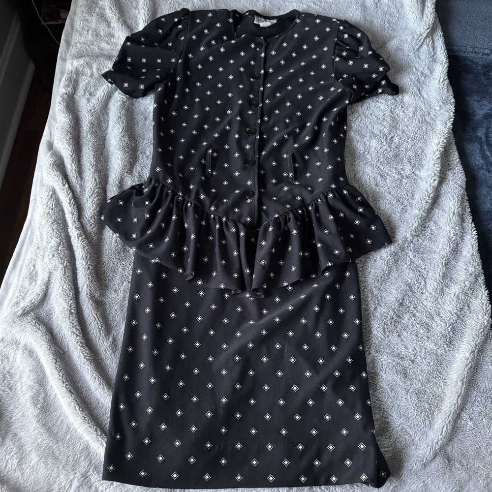 Vintage Miss Dorby Peplum Dress Black White Geometric Puff Sleeve 80s 90s